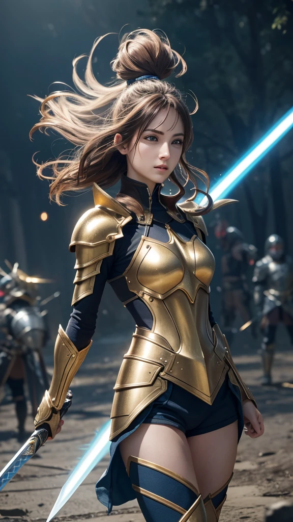 Reloaded Warrior，Lightning is charged、The entire body is covered in thick golden armor.，A giant sword with both hands on the ground，The blue spinning sword energy overflowed.，，Blood，Depth of written boundary，Dynamic Blur，highlight，Real Light，Ray Tracing，OC Rendering，Surreal，Highest quality，8K，Masterpieces，Ultra-fine，More about pubic hair，Correct Anatomy，Sharp focus on the eyes，Bokeh，The facial features are carefully drawn