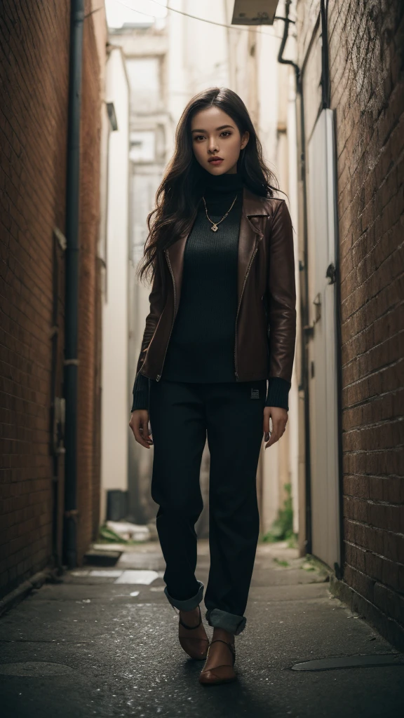 ((best quality)), ((masterpiece)), (detailed), 1Girl, solo, Complicated details, color difference, exquisite facial features, long white hair, Purple highlights, Long black and shiny hair, pretty eyes, long necklace, Neon shirt, Torn leg pants, Open jacket, Open-collared turtleneck sweater, Against the wall, brick walls, GRAPHITE, dim murky lights, alley, looking at viewert, ((Photo 8K)), hdr, Super realistic, primitive, hyper realistic detailed, (cinematic style), Vivid colors