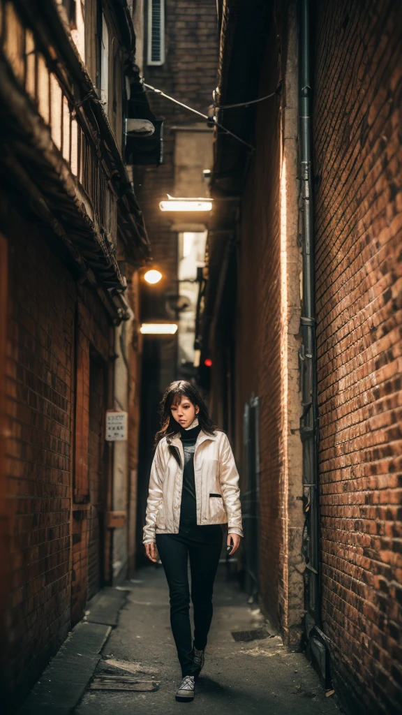 ((best quality)), ((masterpiece)), (detailed), 1Girl, solo, Complicated details, color difference, exquisite facial features, long white hair, Purple highlights, Long black and shiny hair, pretty eyes, long necklace, Neon shirt, Torn leg pants, Open jacket, Open-collared turtleneck sweater, Against the wall, brick walls, GRAPHITE, dim murky lights, alley, looking at viewert, ((Photo 8K)), hdr, Super realistic, primitive, hyper realistic detailed, (cinematic style), Vivid colors