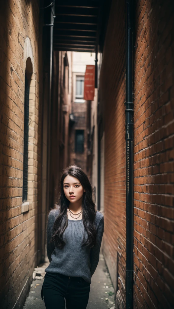 ((best quality)), ((masterpiece)), (detailed), 1Girl, solo, Complicated details, color difference, exquisite facial features, long white hair, Purple highlights, Long black and shiny hair, pretty eyes, long necklace, Neon shirt, Torn leg pants, Open jacket, Open-collared turtleneck sweater, Against the wall, brick walls, GRAPHITE, dim murky lights, alley, looking at viewert, ((Photo 8K)),  hdr, Super realistic, primitive, hyper realistic detailed, (cinematic style), Vivid colors