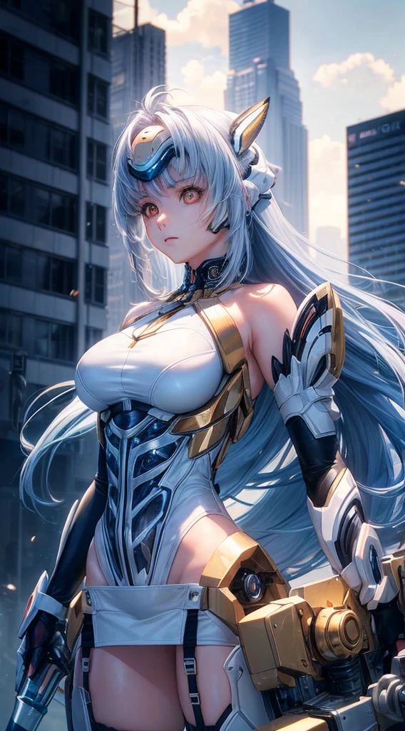 top-quality、​masterpiece、超A high resolution、(Photorealsitic:1.4)、女の子1人、Light blue hair、Straight hair, shiny and clean hair、White shiny skin、Sexy Cyberpunk Girl、((super realistic details))、Shadow、octan render、ultrasharp、hyperdetailed face、Fiberglass、Luminous tube、highly intricate detail、Realistic light、CGSoation Trends、((Golden Eyes))、(Facing the camera)、neon detailechanical limbechanical vertebrae attached to the back、mechanical cervical attaching to neck、Wires and cables connecting to the head、((valkyrie))、((Beam Cannon))、Combat stance