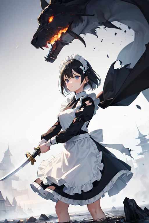 (((Highest quality))), ((masterpiece)), (((detailed))), (((Attention to detail))), ((High resolution))girl, cute, Slightly longer bob hair, (Maid clothes, White apron, Black and white classic), Small breasts, Holding a big sword, Fighting, Sword and Magic, Burning Battlefield, Very intense combat, (Holding a large sword in both hands), (One sword), protect the castle, Facing a formidable foe, Oblique angle, (Maid clothesのスカートは千切れているquality:1.6), (The apron is also torn.:1.6), (EffectThe whole body is dirty with mud and soot.:1.6), (Effect: Body is dirty with soot and mud.:1.6), (EffectMaid clothesが煤と泥で汚いquality:1.6), (The apron is also dirty with soot and mud..6), Slashing, Tattered, 