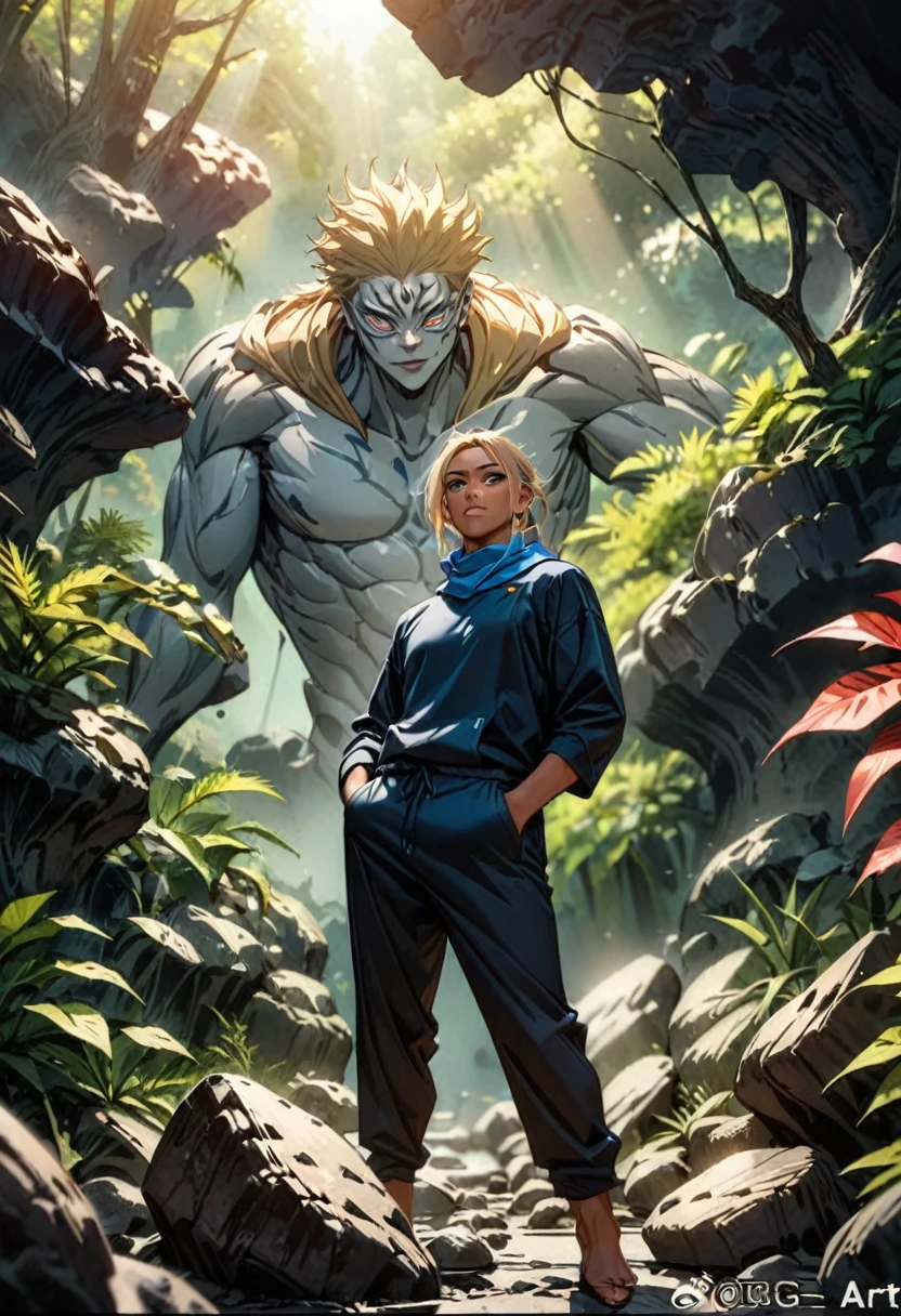 a tan boy with blonde shoulder-length hair, beautiful detailed eyes, beautiful detailed lips, extremely detailed face, long eyelashes, jujutsu kaisen art style, gege akutami art style, blue bandana, tan skin, hands in pockets, standing in a mystical forest, mossy rocks, sunlight filtering through leaves, cinematic lighting, vibrant colors, digital art, 8k, high resolution, masterpiece, photorealistic