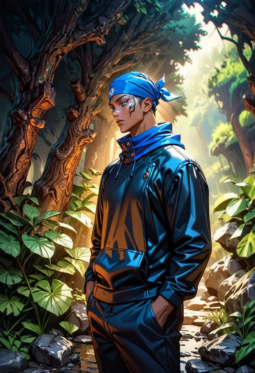 a tan boy with blonde shoulder-length hair, beautiful detailed eyes, beautiful detailed lips, extremely detailed face, long eyelashes, jujutsu kaisen art style, gege akutami art style, blue bandana, tan skin, hands in pockets, standing in a mystical forest, mossy rocks, sunlight filtering through leaves, cinematic lighting, vibrant colors, digital art, 8k, high resolution, masterpiece, photorealistic