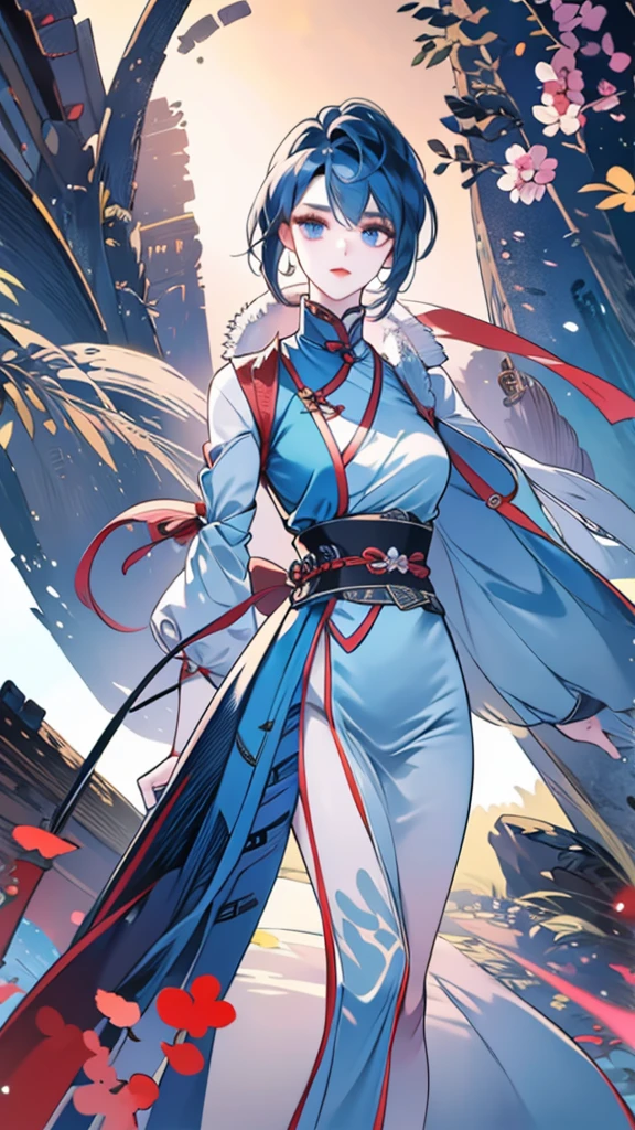 Masterpiece, Best quality, 1 Ji Ruxue, the expression is cold, strong, blue eyes, short hair, wolfcut hairstyle, smoky mix blue color hair, resolute eyes, red lips, simple Taoist Taoist uniform, Chinese mix morden, frontal photo, black or white background, simple background, anime, illustration, Chinese style short-sleeved shirt, cool girl, Fullbody