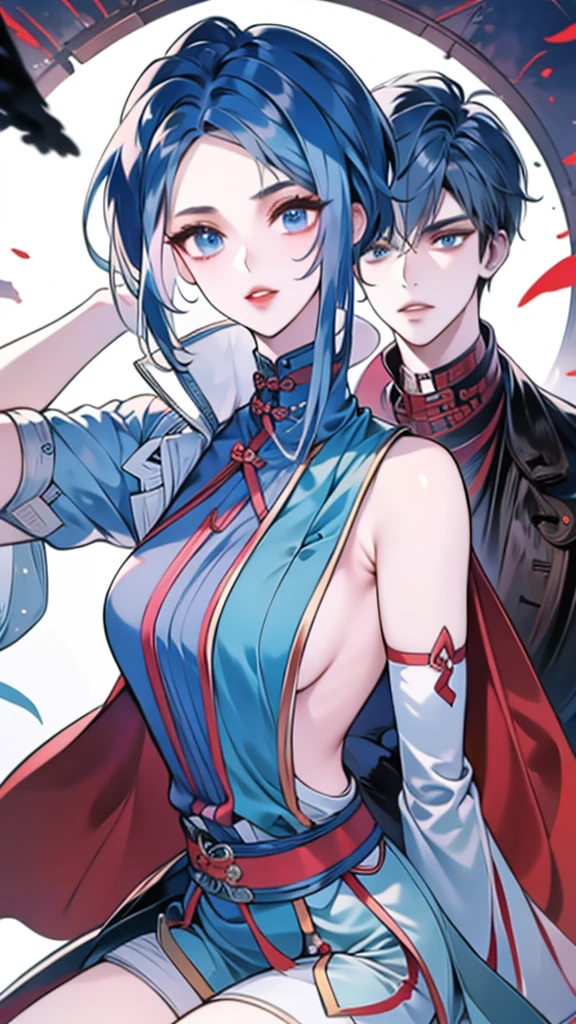 Masterpiece, Best quality, 1 Ji Ruxue, the expression is cold, strong, blue eyes, short hair, wolfcut hairstyle, smoky mix blue color hair, resolute eyes, red lips, simple Taoist Taoist uniform, Chinese mix morden, frontal photo, black or white background, simple background, anime, illustration, Chinese style short-sleeved shirt, cool girl, Fullbody