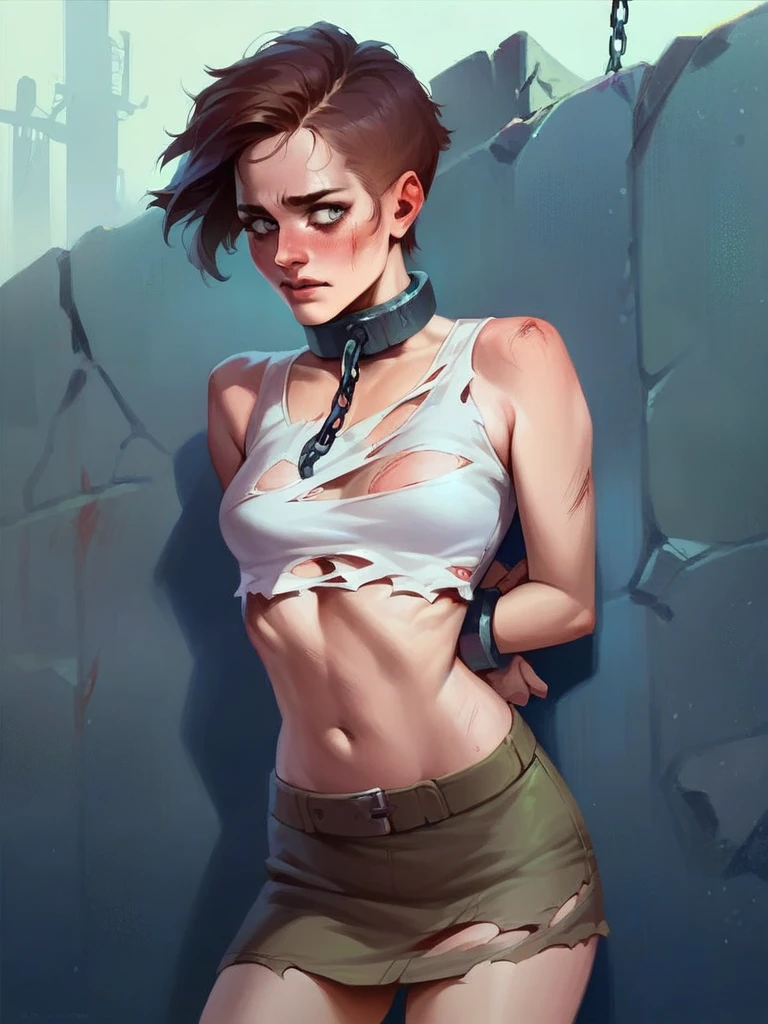 score_9, score_8_up, score_7_up, score_6_up, score_5_up, score_4_up, rating_questionable, pale  young ??? slave with short chin-length hair, post-apocalyptic, wearing a slave collar and ????????, (((hands behind her back))), (((wearing a crop top and torn short skirt))), center of a post-apocalyptic town square, embarrassed and humiliated, standing leaning against a wall, exhausted, eyebags, (upper body portrait shot:0.9), masterpiece digital art, realistic,  detailed cute pretty face