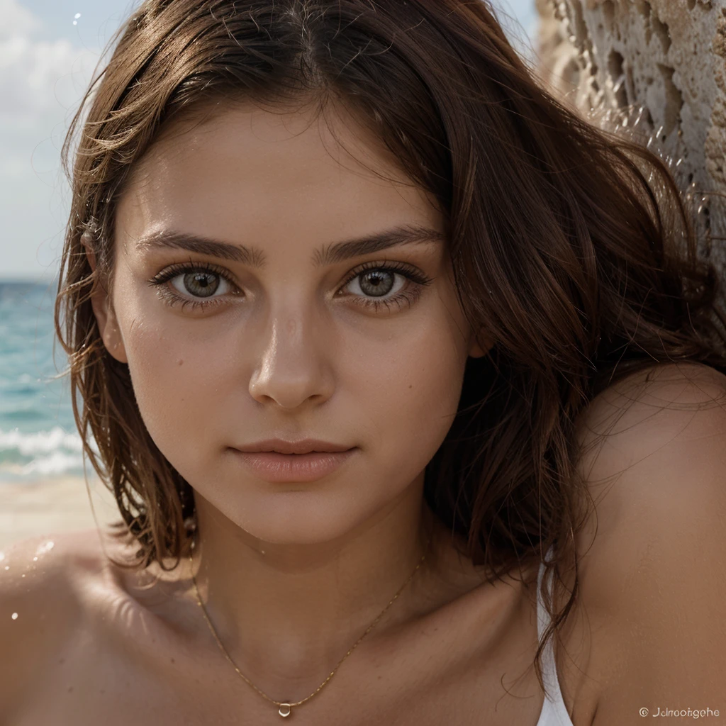 photographie dune jeune femme brune au yeux clair, dorigine latine, en maillot de bain