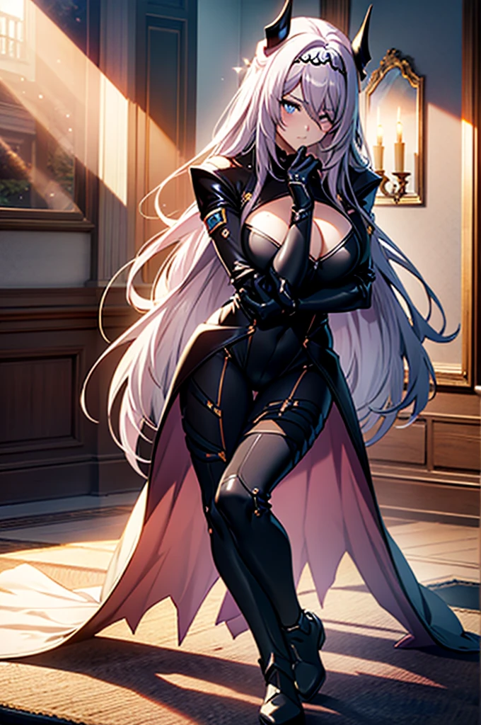 (full body),masterpiece，Highest quality, Cowboy Shot，Kung Fu Pose，Beautiful and exquisite body,Horn, tiara, Veil,(A body-hugging enamel ????????，Rubber Suit， Black ????????, Scapula, Long sleeve, Cleavage cutout, Black gloves, Black overskirt, Black trousers)，Show me your boots，leotard，elegant, 1 Girl, cute, Blushed, Beautiful Eyes, Beautiful background, Particles of light, Light of the sun, Dramatic lighting, outside, Shiny, Realistic,  Highest quality, Very detailed, Get used to it, scenery, Beautiful and exquisite, Thin Hair，Full Body Shot，Lie down on the bed，Spread your legs，Sitting with legs crossed，Lean back，hide your face with your arms，room，