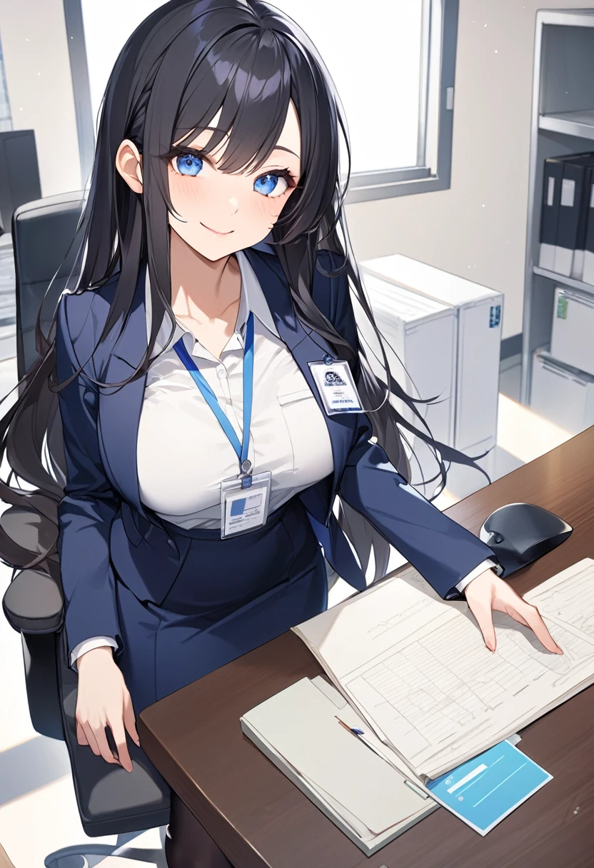 (Highest qualityのイラスト:1.2), (Black Hairの美少女:1.1),Simple Background、White background、 (1 girl、17 years old、Highest qualityのイラスト:1.2), (1 girl、Kind eyes、blue eyes:1.2)、((Black Hair:1.2))、Semi-long hair、(Highest quality、Very detailed、cute、Ultra-high resolution) 、Larger breasts、office lady, {Navy blue business suit、white business shirt, Navy blue pencil skirt、 pantyhose}, office、Front facing、smile、ID card hanging around neck、slouch、
