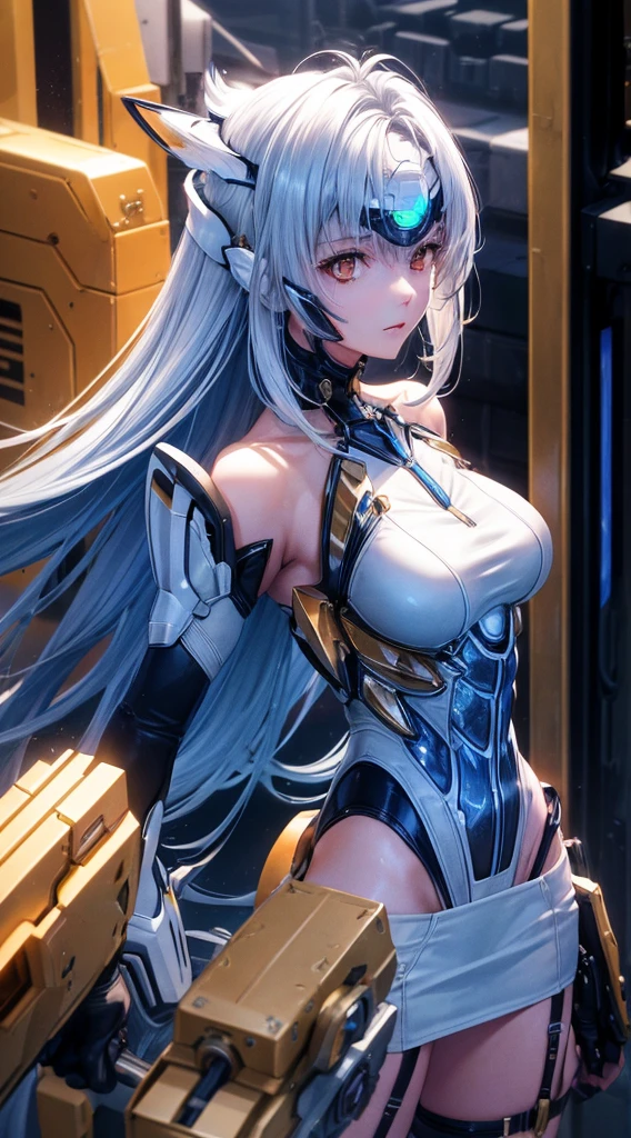 top-quality、​masterpiece、超A high resolution、(Photorealsitic:1.4)、女の子1人、Light blue hair、Straight hair, shiny and clean hair、White shiny skin、Sexy Cyberpunk Girl、((super realistic details))、Shadow、octan render、ultrasharp、hyperdetailed face、Fiberglass、Luminous tube、highly intricate detail、Realistic light、CGSoation Trends、((Golden Eyes))、(Facing the camera)、neon detailechanical limbechanical vertebrae attached to the back、mechanical cervical attaching to neck、Wires and cables connecting to the head、((valkyrie))、((Beam Cannon))、Combat stance