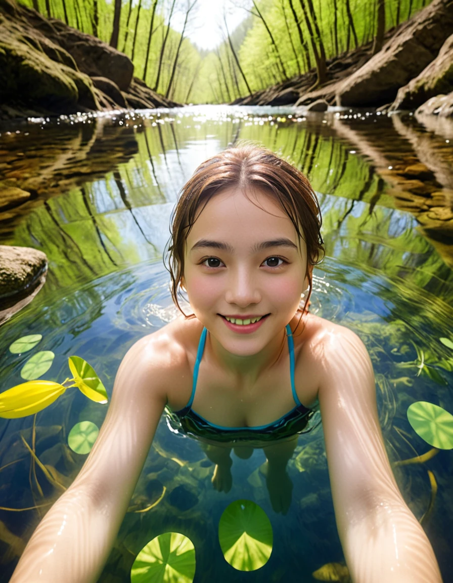 dynamic angle, (close up face), ultra detailed beautiful photograph, In a pristine spring in the forest, a girl is swimming joyfully. Her smile shines like the surface of the water reflecting the sunlight. The spring water is clear, and colorful stones can be seen at the bottom. She swims freely in the spring, splashing water around. It’s as if she has become one with nature.