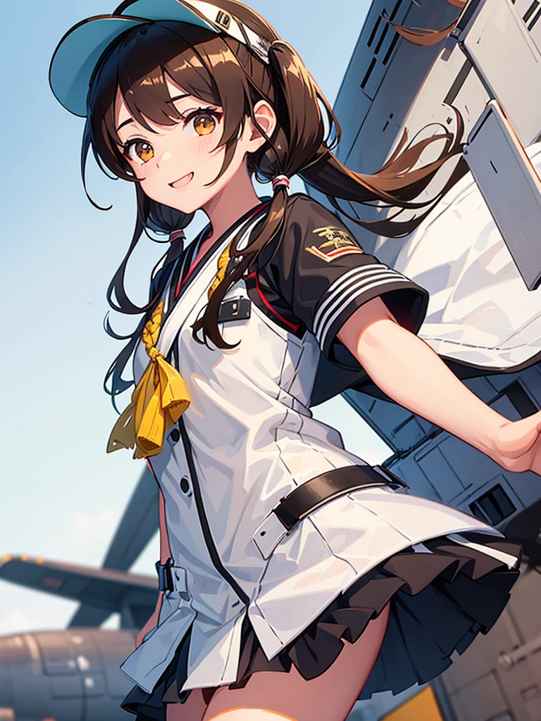 One girl, Ryujo (Kantai Collection), alone, Brown Hair, Twin tails, Brown eyes, Visor Cap, correct, Open your mouth, aircraft, smile, plane, White Background, kimono, Simple Background, His posts, Upper Body, Long Hair