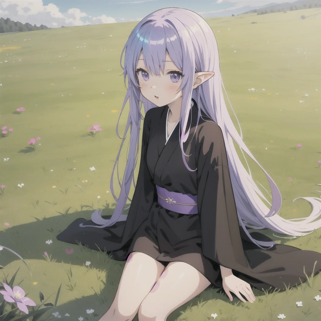 anime girl long purple hair wearing a black Robe. she has pointy ears. Manga kawaii. iridescent ,An illustration, 0ne person .Sitting in the grass, hair blowing in the wind