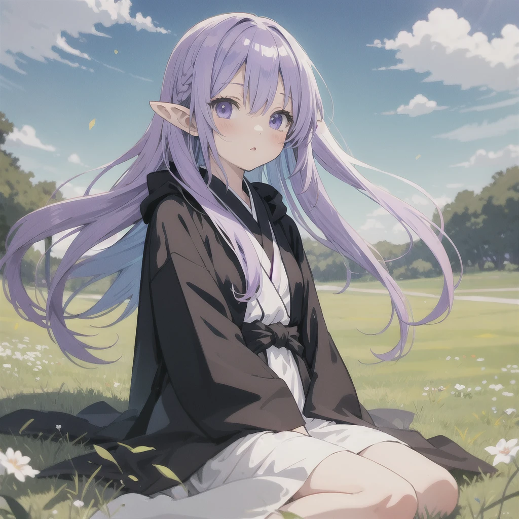 anime girl long purple hair wearing a black Robe. she has pointy ears. Manga kawaii. iridescent ,An illustration, 0ne person .Sitting in the grass, hair blowing in the wind