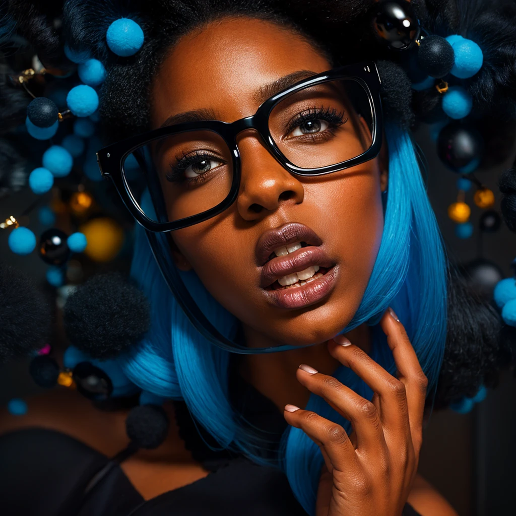 Beautiful black woman with afro hair for advertisement of stylish blue-framed glasses, swirly vibrant colors, hyper realistic art in 4k, hyper realistic hair