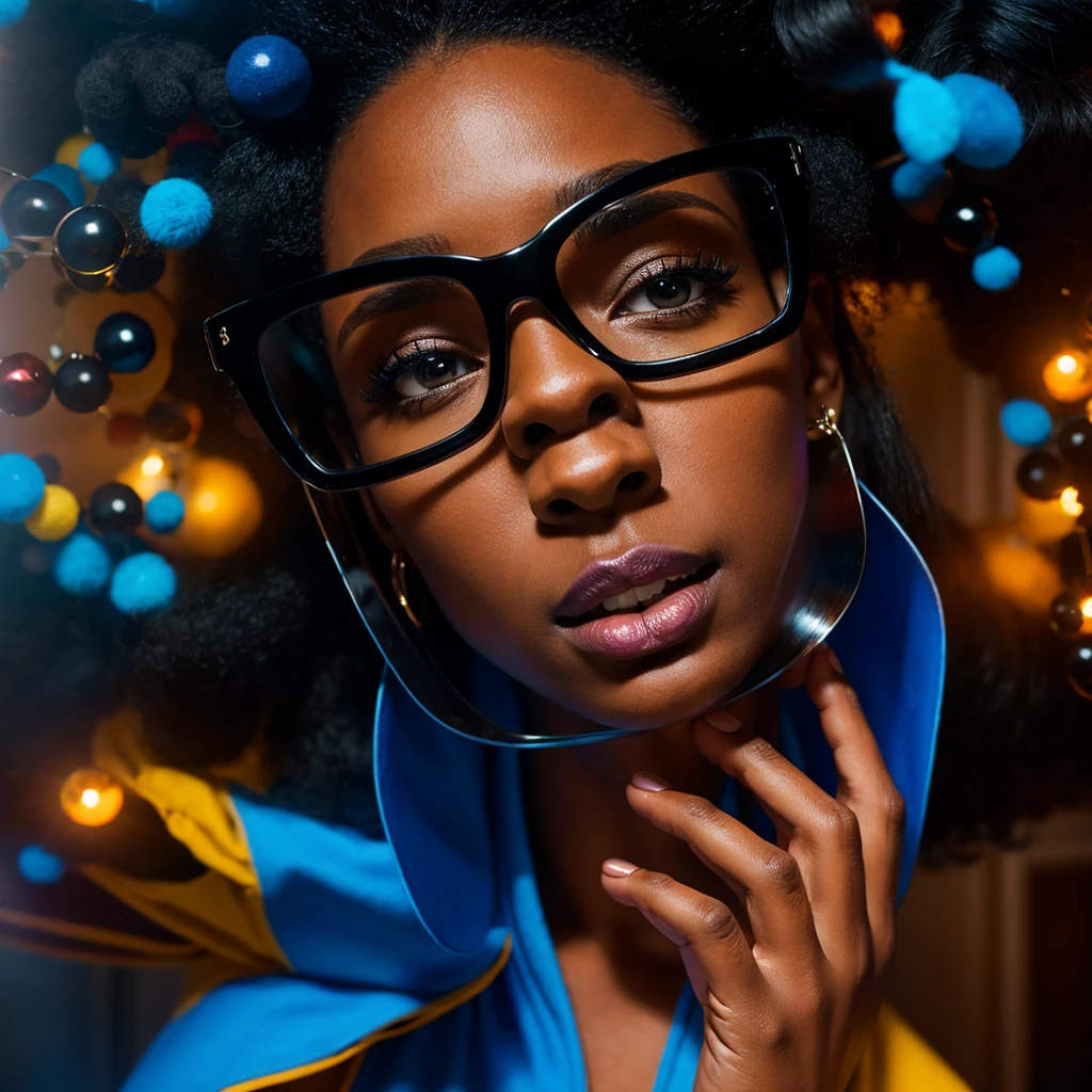 Beautiful black woman with afro hair for advertisement of stylish blue-framed glasses, swirly vibrant colors, hyper realistic art in 4k, hyper realistic hair