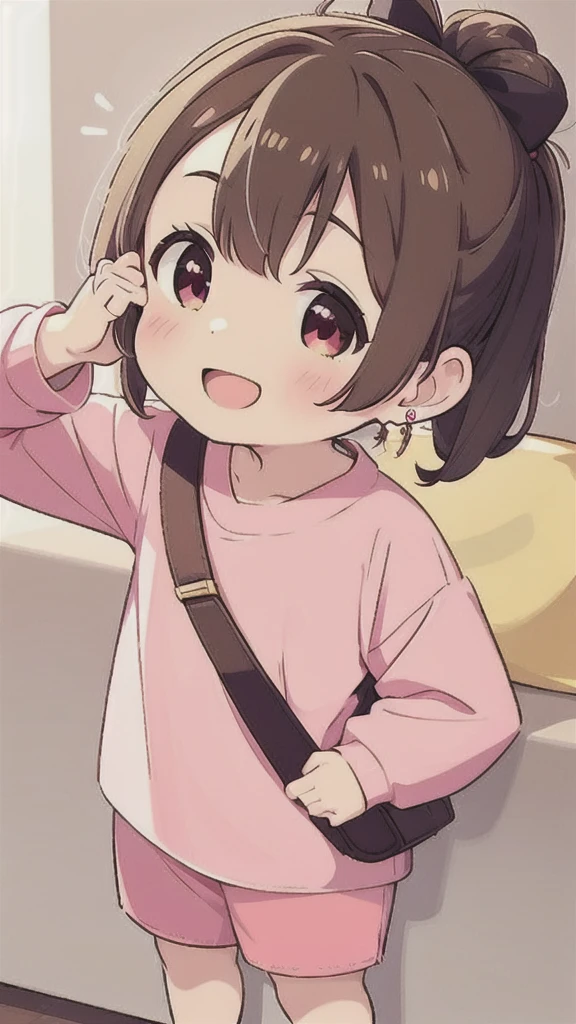 a child with a pink bow holding a smartphone while talking to someone, 1girl, yellow bow, jewelry, solo, earrings, phone,  eyes,  hair, bow, smile, open mouth, bag, cellphone, pink shirt, shorts, hair bow, holding phone