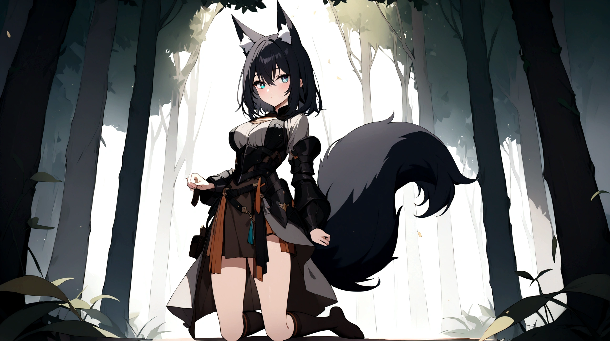 (1girl, Masterpiece, best quality) (detailed and beautiful eyes:1.6) (perfect hands, perfect anatomy) (full body)) (Mature) (Adult) Fox-girl Misaki has ((short black hair)), (Fox-ears). (She wears a black fantasy medieval adventurer armor) ((She has a **one** black fluffly fox tail.)) She wearing a long brown trousers with armored knees. She has over-to-knee socks.
