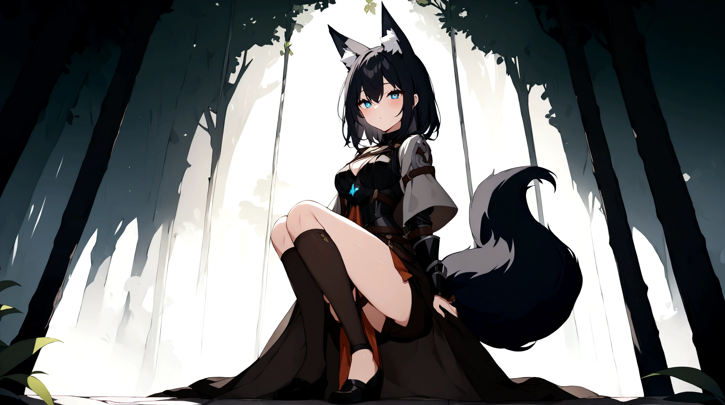 (1girl, Masterpiece, best quality) (detailed and beautiful eyes:1.6) (perfect hands, perfect anatomy) (full body)) (Mature) (Adult) Fox-girl Misaki has ((short black hair)), (Fox-ears). (She wears a black fantasy medieval adventurer armor) ((She has a **one** black fluffly fox tail.)) She wearing a long brown trousers with armored knees. She has over-to-knee socks.