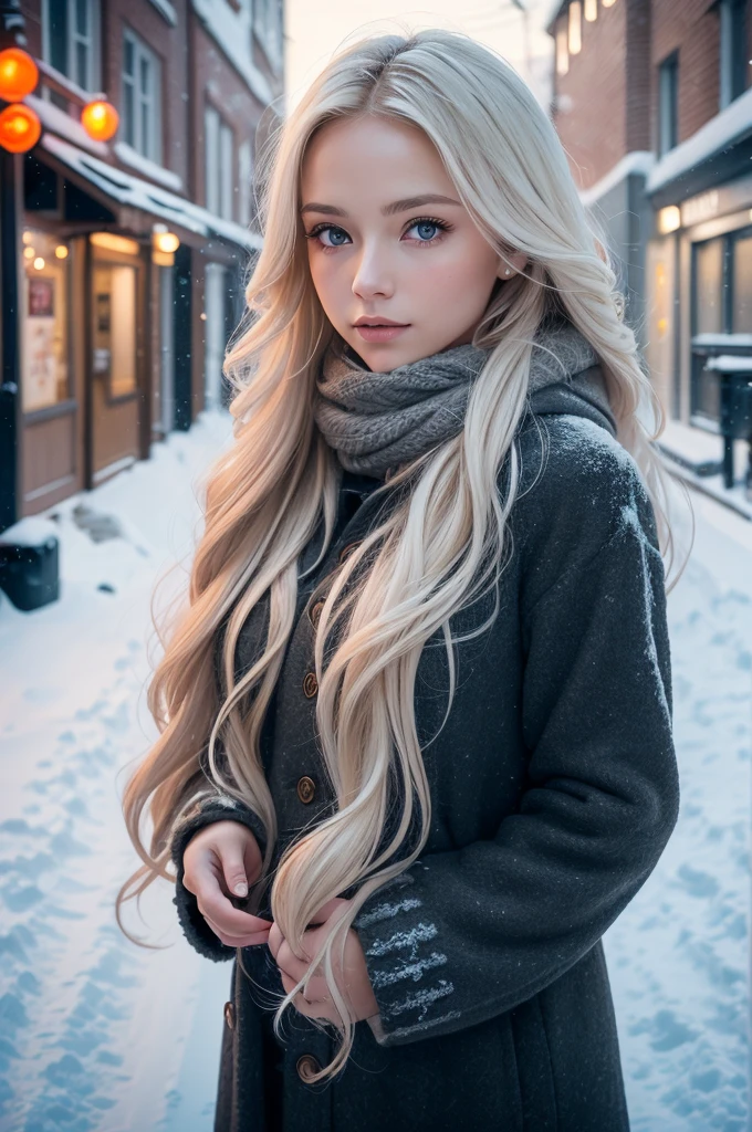 professional photography of a beautiful norwegian girl in winter clothes with long wavy blonde hair, sensual and seductive look, beautiful symmetrical face, beautiful natural makeup, wearing chic warm winter fashion clothing, ((standing outside on the snowy city street)), impressive modern urban environment, ultra realistic, conceptual artwork, chic, highy detailed, intricate, sharp focus, Depth of field, f/1. 8, 85 mm, medium shot, mid shot, (((professional color grading))), soft and bright diffused light, (Volumetric fog), Trends on Instagram, HD 4k, 8K
