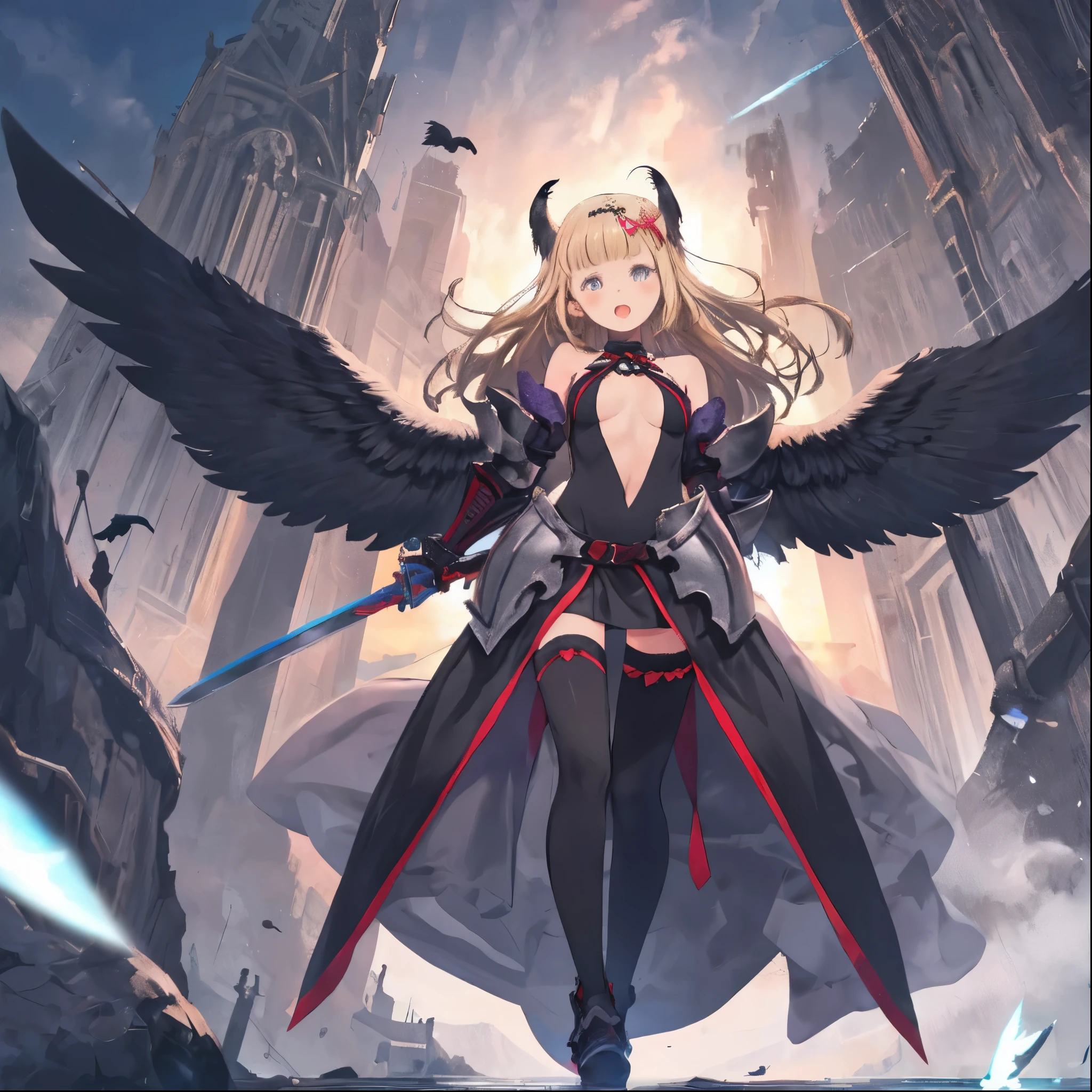 fantasy, 1devill_girl, low_, platina_blonde_hair,long_bangs, , bare_shoulder, navel out, thighhighs,silver_shiny_armor, white_clothes,waist_armor, Glebe, hold_swords_emits_light, medium_breasts, dynamic_flying_pose,Floating, (1pair_black_wings:1.4),(pelvic_curtain:1.3), silver_Headgear ,looking_down_at_sunset_city_sky_background,,slightly_spread_legs, some_swords_emits_light,some_swords_emits_light_floating_around_the_girl,solo,open_mouth,open_legs,open_arms,rise_knee,rise_leg,rise_thigh,rise_leg,forward_leaning_posture,apart_legs,(black_wings:1.5)