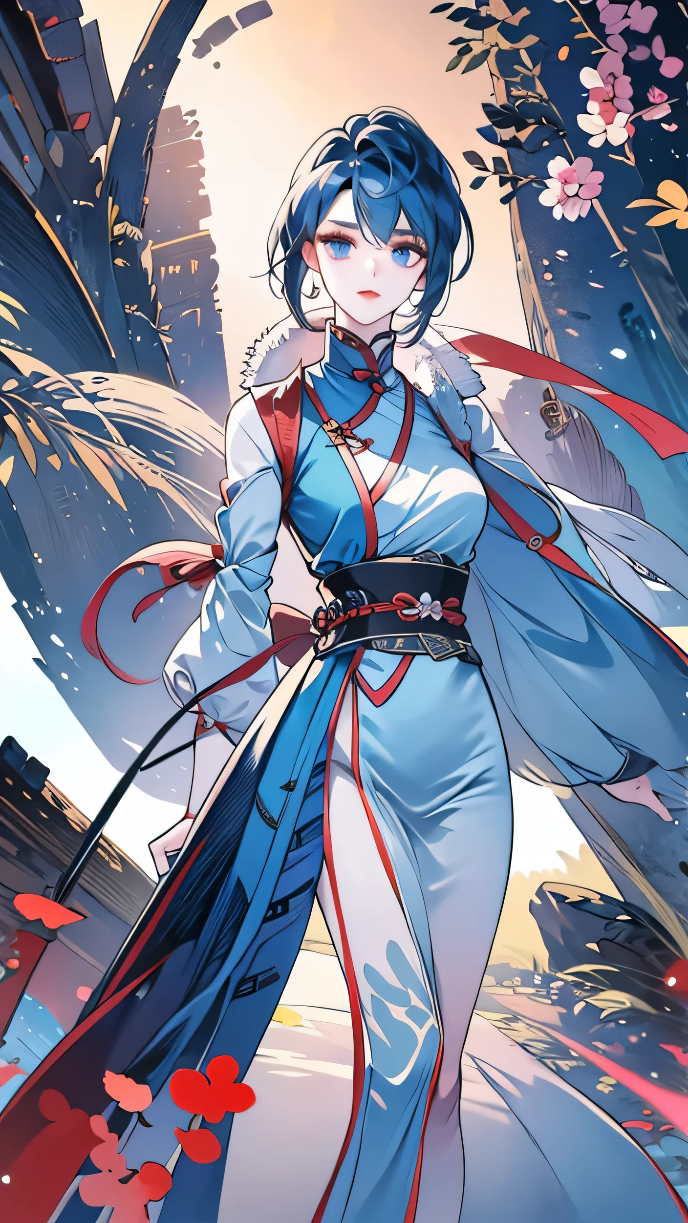 Masterpiece, Best quality, 1 Ji Ruxue, the expression is cold, strong, blue eyes, short hair, wolfcut hairstyle, smoky mix blue color hair, resolute eyes, red lips, simple Taoist Taoist uniform, Chinese mix morden, frontal photo, black or white background, simple background, anime, illustration, Chinese style short-sleeved shirt, cool girl, Fullbody