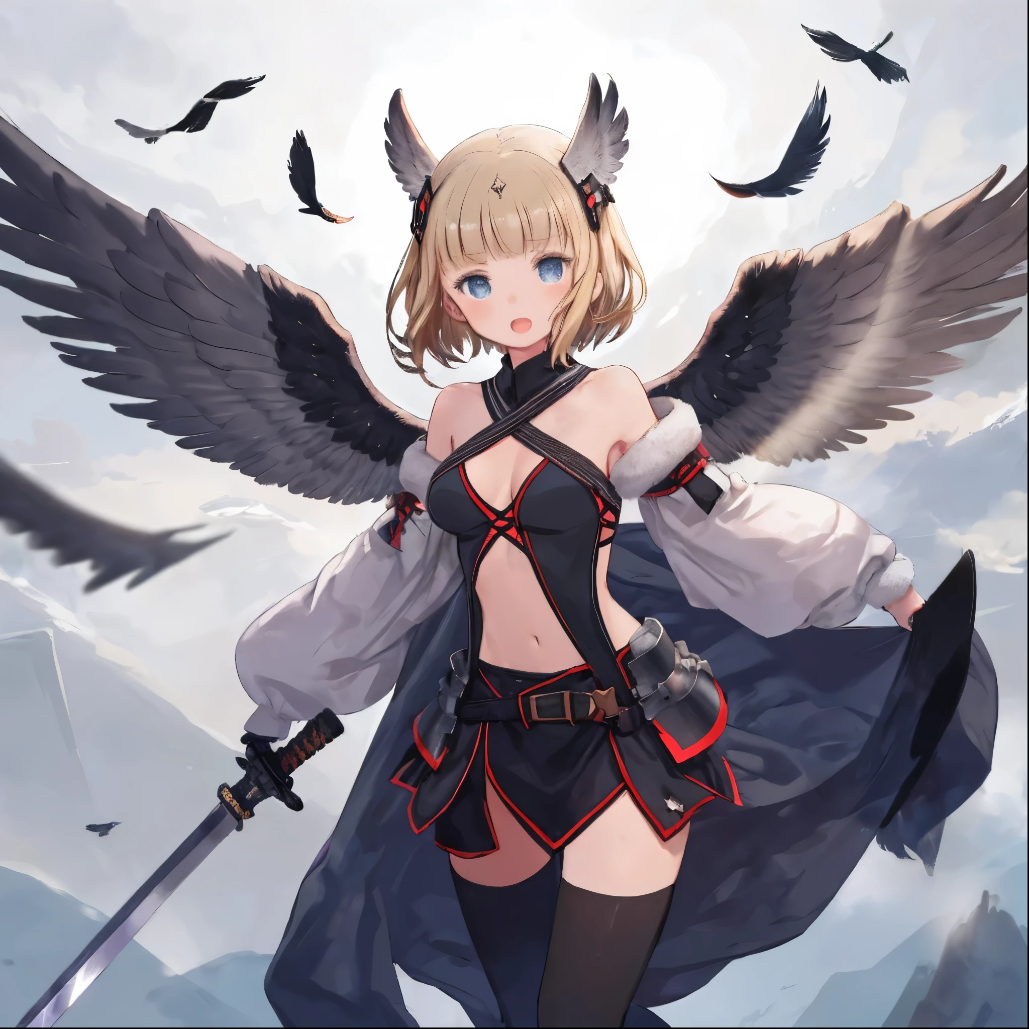 fantasy, 1devill_girl, low_, platina_blonde_hair,long_bangs, , bare_shoulder, navel out, thighhighs,silver_shiny_armor, white_clothes,waist_armor, Glebe, hold_swords_emits_light, medium_breasts, dynamic_flying_pose,Floating, (1pair_black_wings:1.4),(pelvic_curtain:1.3), silver_Headgear ,looking_down_at_sunset_city_sky_background,,slightly_spread_legs, some_swords_emits_light,some_swords_emits_light_floating_around_the_girl,solo,open_mouth,open_legs,open_arms,rise_knee,rise_leg,rise_thigh,rise_leg,forward_leaning_posture,apart_legs,(black_wings:1.5)