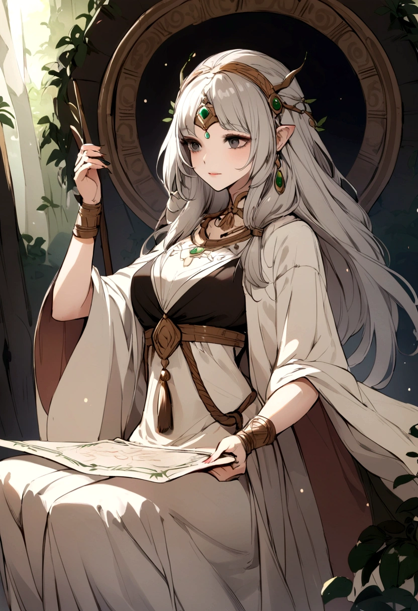 creates a gentle, beautiful and gentle druid woman with black eyes , drawn on an ancient parchment 