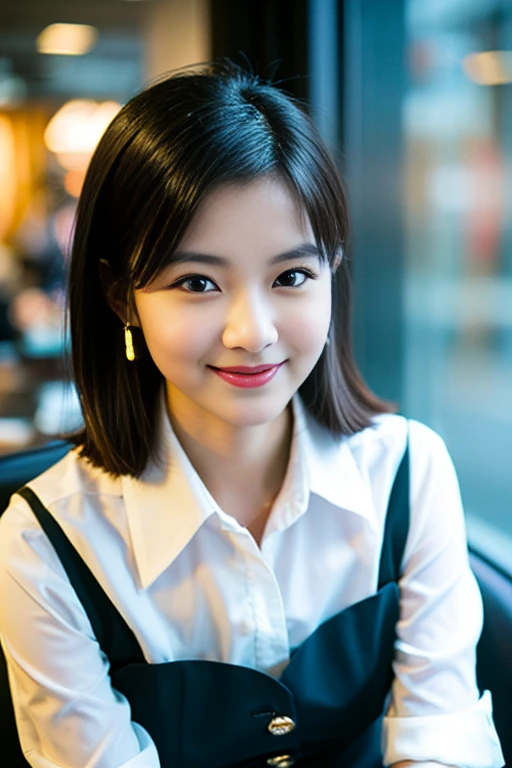 (A beautiful Japanese office lady, age 28, wearing formal White shirt with buttons & grey mini-skirt, working in office with glass windows, thoughtful expressions, kind smile, dimpled chins, cute snaggle-tooth, short bob hair ponytail, symmetrical face, realistic detailed face, beautiful detailed eyes, perfect body proportions, ample round bosoms, photorealistic, hyper-realism, high contrast, ultra HD, realistic skin textures, top image quality, top-quality, super high resolution, fine details, very meticulously, masterpiece, head to knees, High Angle Shot, night bokeh background)