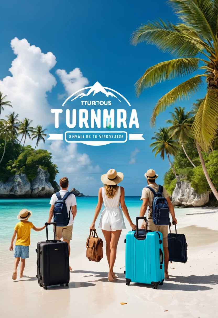 A wide advertising banner for a travel company named 'TourTour'. The background features a stunning tropical beach with crystal clear water, white sand, and lush palm trees. The sky is bright blue with a few fluffy white clouds. In the foreground, there is a happy family wearing summer clothes, looking excited and ready for an adventure. There are also iconic travel elements such as a suitcase with travel stickers, a camera, and a world map. The company's logo, 'TourTour', is prominently displayed at the top in a modern, stylish font. The slogan 'Explore the World with Us' is written below the logo in a smaller, elegant font. The overall vibe is cheerful, inviting, and adventurous.