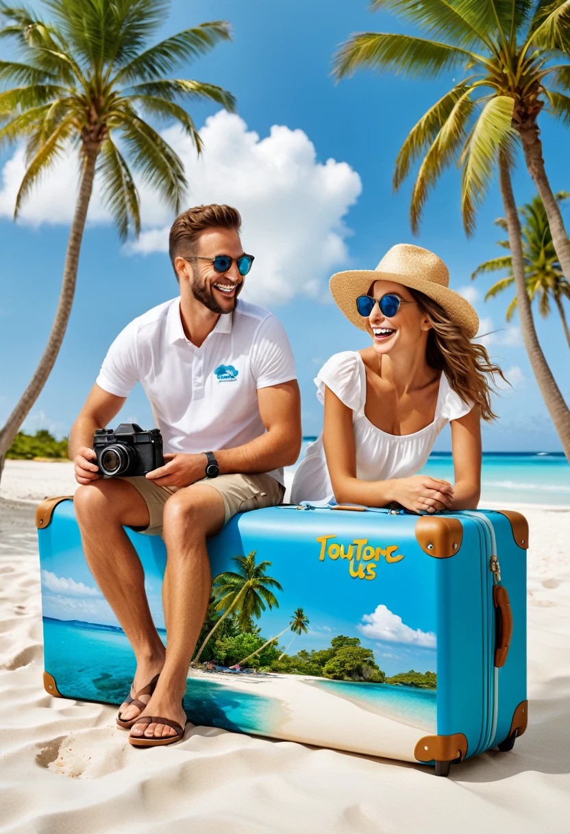 A wide advertising banner for a travel company named 'TourTour'. The background features a stunning tropical beach with crystal clear water, white sand, and lush palm trees. The sky is bright blue with a few fluffy white clouds. In the foreground, there is a happy family wearing summer clothes, looking excited and ready for an adventure. There are also iconic travel elements such as a suitcase with travel stickers, a camera, and a world map. The company's logo, 'TourTour', is prominently displayed at the top in a modern, stylish font. The slogan 'Explore the World with Us' is written below the logo in a smaller, elegant font. The overall vibe is cheerful, inviting, and adventurous.