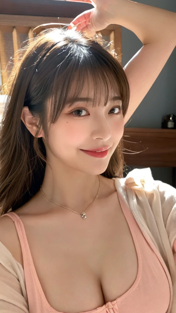 (The best product,High resolution,masterpiece:1.3),A sexy and beautiful Japan,slim body,((side parted bangs,Brown hair,Fluffy wavy style))、Tie a ponytail、Beautiful and smooth G cup breasts、Show cleavage,wearing a pendant,(The background is on the bed ),Delicate sunlight、in bright room,Details on faces and skin textures are beautifully rendered,Delicate and sexy eyes,double eyelids、Sexy lips biting、facing the audience、Sexy expression、The body is soaked、full-body shot、Raise your hands to tie your hair、a pendant,Wearing shirts unbuttoned、Makeup、full-body shot、Smile、delicate eyes、sexy makeup、full-body shot