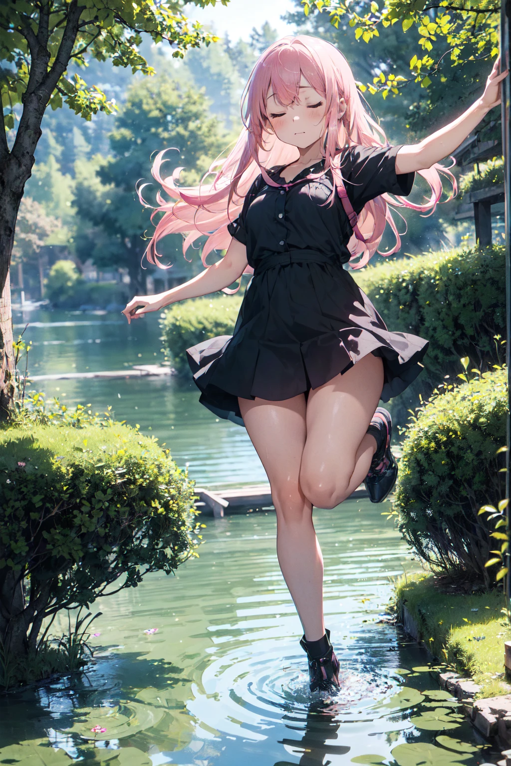 deep forest, (mysterious girl, pink long hair:1.4), (jumping to rock in lake:1.3), detailed face, closed eyes, standing on lake in forest, full body, panorama view, magnificent view, absurdres, 8k, detailed plants