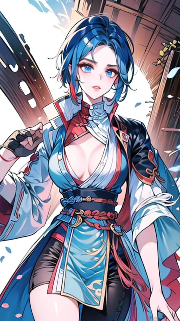 Masterpiece, Best quality, 1 Ji Ruxue, the expression is cold, strong, blue eyes, short hair, wolfcut hairstyle, smoky mix blue color hair, resolute eyes, red lips, simple Taoist Taoist uniform, Chinese mix morden, frontal photo, black or white background, simple background, anime, illustration, Chinese style short-sleeved shirt, cool girl, Fullbody