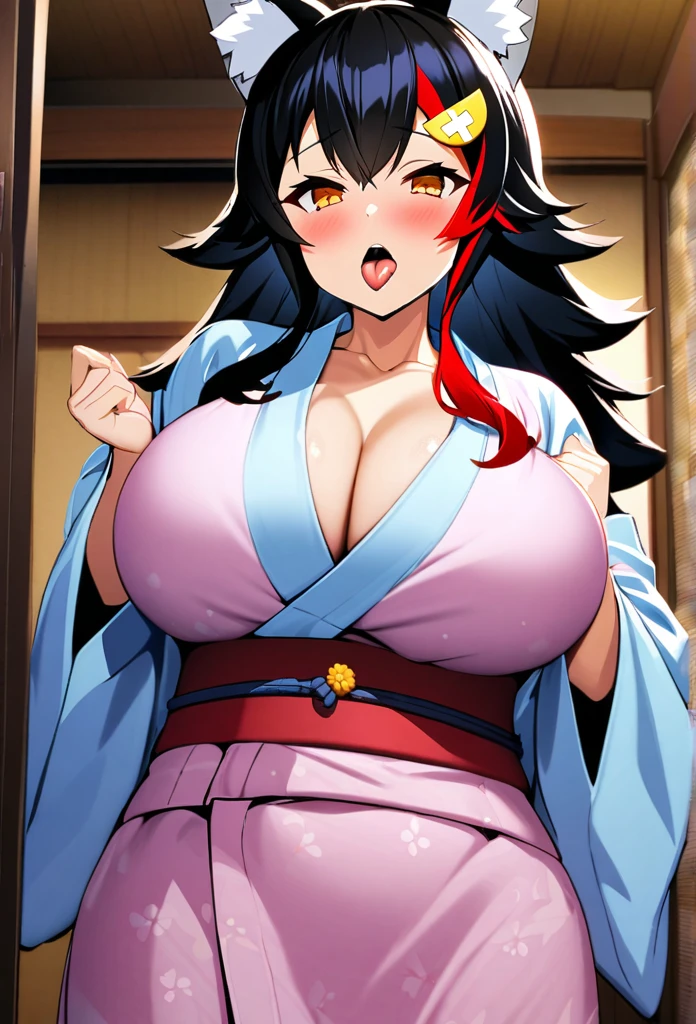 ookami mio,1girl,solo,wolf ears,Females in heat,blush,out one's tongue,drool,open mouth,super huge breasts,yukata,looking at viewer,near,standing up,ryokan