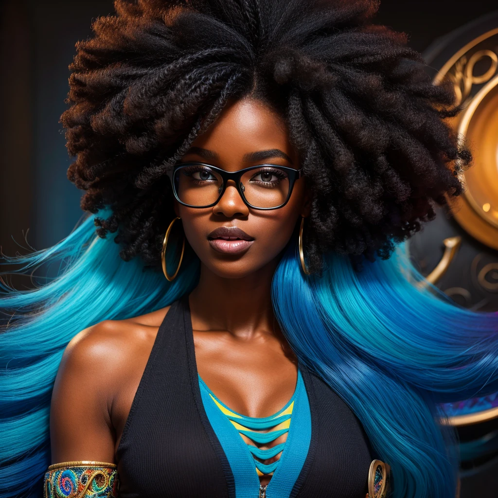 Beautiful black woman with afro hair for advertisement of stylish blue-framed glasses, swirly vibrant colors, hyper realistic art in 4k, hyper realistic hair