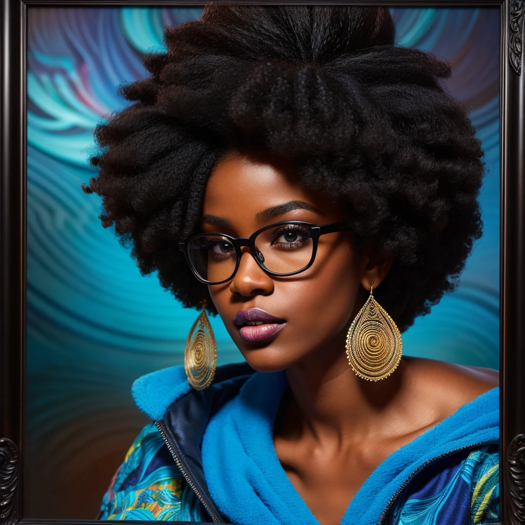 Beautiful black woman with afro hair for advertisement of stylish blue-framed glasses, swirly vibrant colors, hyper realistic art in 4k, hyper realistic hair