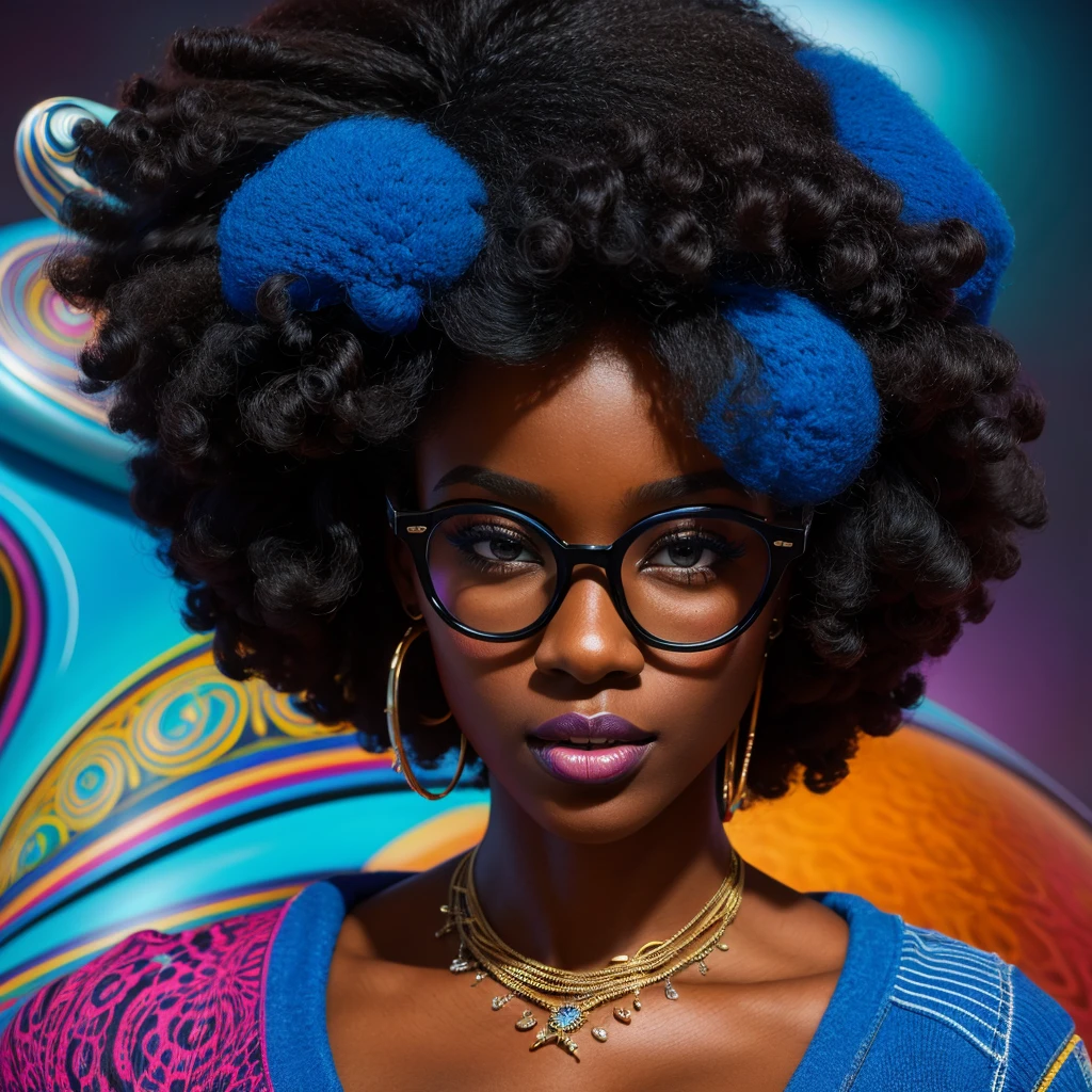 Beautiful black woman with afro hair for advertisement of stylish blue-framed glasses, swirly vibrant colors, hyper realistic art in 4k, hyper realistic hair