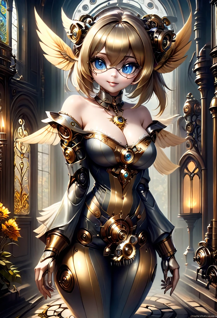 masterpiece, best quality, highly detailed, 1girl, solo, twintails, off-shoulder sweater, choker, large glasses, gold locket, jacket, hairband, looking at viewer, smile, blush, Wide Smile, Eyes Detailed & Wide, sexy Pose. Ultra HD, Rococo-Inspired Fantasy Art With Intricate Details. Cute, Charming Expression, Alluring-Gaze, looking at viewer Beautiful Eyes, An-Ideal-Figure. Large Youthful Well-Shaped-Breasts, Massive-Round-Bosom, Décolletage. slim waist, fit body, full lipsWarm lights , woman in a dreamy forest at night, with fluffy hair, delicate face, realistic, real, slim, large aperture, sexy shots, attractive poses,Stunnin gly beautiful merge of Scarlett Johanson. Alison Brie, Selena Gomez. symmetrical face, photorealistic, photography, path tracing, specular lighting, volumetric face light, path traced hairmaximum quality{(masutepiece) (8K High Resolution) (top-quality) In the style of breath of the wild.medieval monastery garden,steampunk robot monk,beautiful ornate architecture,steampunk machinery and gears,exquisite stained glass windows,enchanted flower garden,ancient stone walkway with intricate carvings,glowing candles and dimly lit atmosphere,steam and smoke billowing from the machinery,mystical atmosphere,peaceful and serene setting,mechanical wings attached to the robot monk's back,robot monk with intricate clockwork mechanisms,electromechanical eyes glowing with energy,warm golden color palette,gentle sunlight streaming through the stained glass windows,whispering sound of wind and rustling leaves,the scent of aged books and incense,notes of ancient Gregorian chants echoing in the air,sense of awe and tranquility,combination of futuristic and medieval elements,harmony of technology and spirituality.