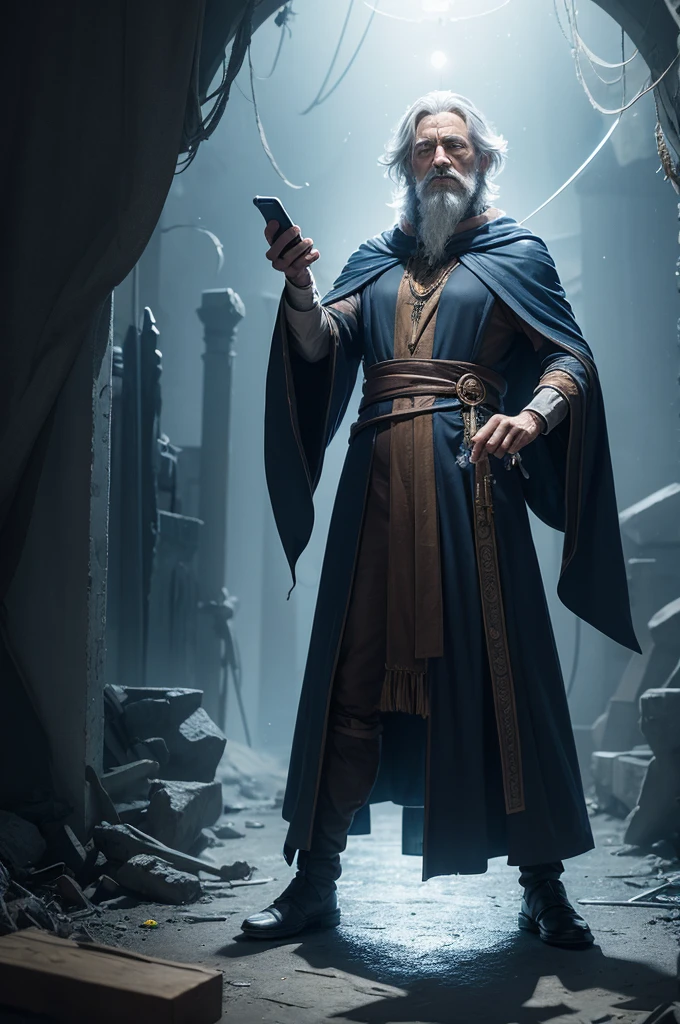 A wizard with features with transparent body parts and him repairing a cell phone 
