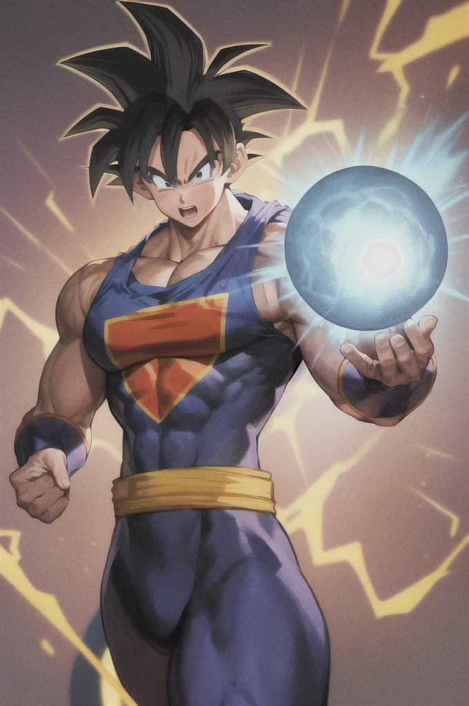 Goku, in the style of Toriyama from the 1990s, is depicted with his iconic blue jumpsuit, showcasing his muscular physique and spiky hair. His determined expression and powerful aura radiate from the image, capturing the essence of the classic Dragon Ball series. The background is filled with vibrant hues typical of the era, adding depth and energy to the painting.