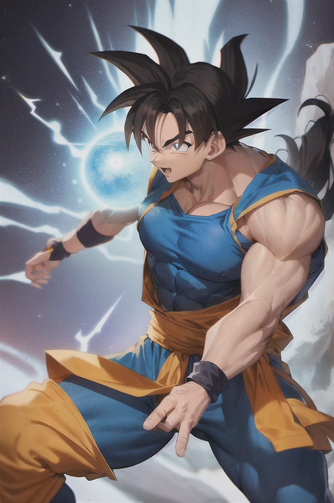 Goku, in the style of Toriyama from the 1990s, is depicted with his iconic blue jumpsuit, showcasing his muscular physique and spiky hair. His determined expression and powerful aura radiate from the image, capturing the essence of the classic Dragon Ball series. The background is filled with vibrant hues typical of the era, adding depth and energy to the painting.