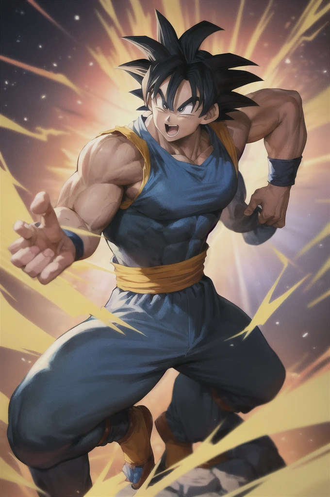Goku, in the style of Toriyama from the 1990s, is depicted with his iconic blue jumpsuit, showcasing his muscular physique and spiky hair. His determined expression and powerful aura radiate from the image, capturing the essence of the classic Dragon Ball series. The background is filled with vibrant hues typical of the era, adding depth and energy to the painting.