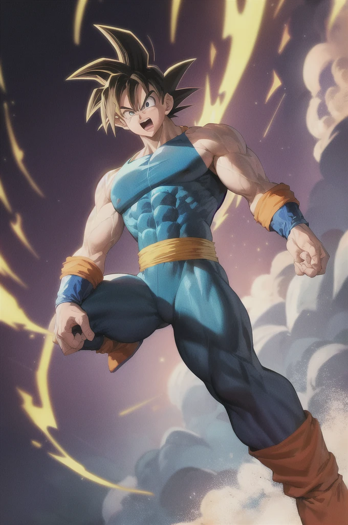 Goku, in the style of Toriyama from the 1990s, is depicted with his iconic blue jumpsuit, showcasing his muscular physique and spiky hair. His determined expression and powerful aura radiate from the image, capturing the essence of the classic Dragon Ball series. The background is filled with vibrant hues typical of the era, adding depth and energy to the painting.