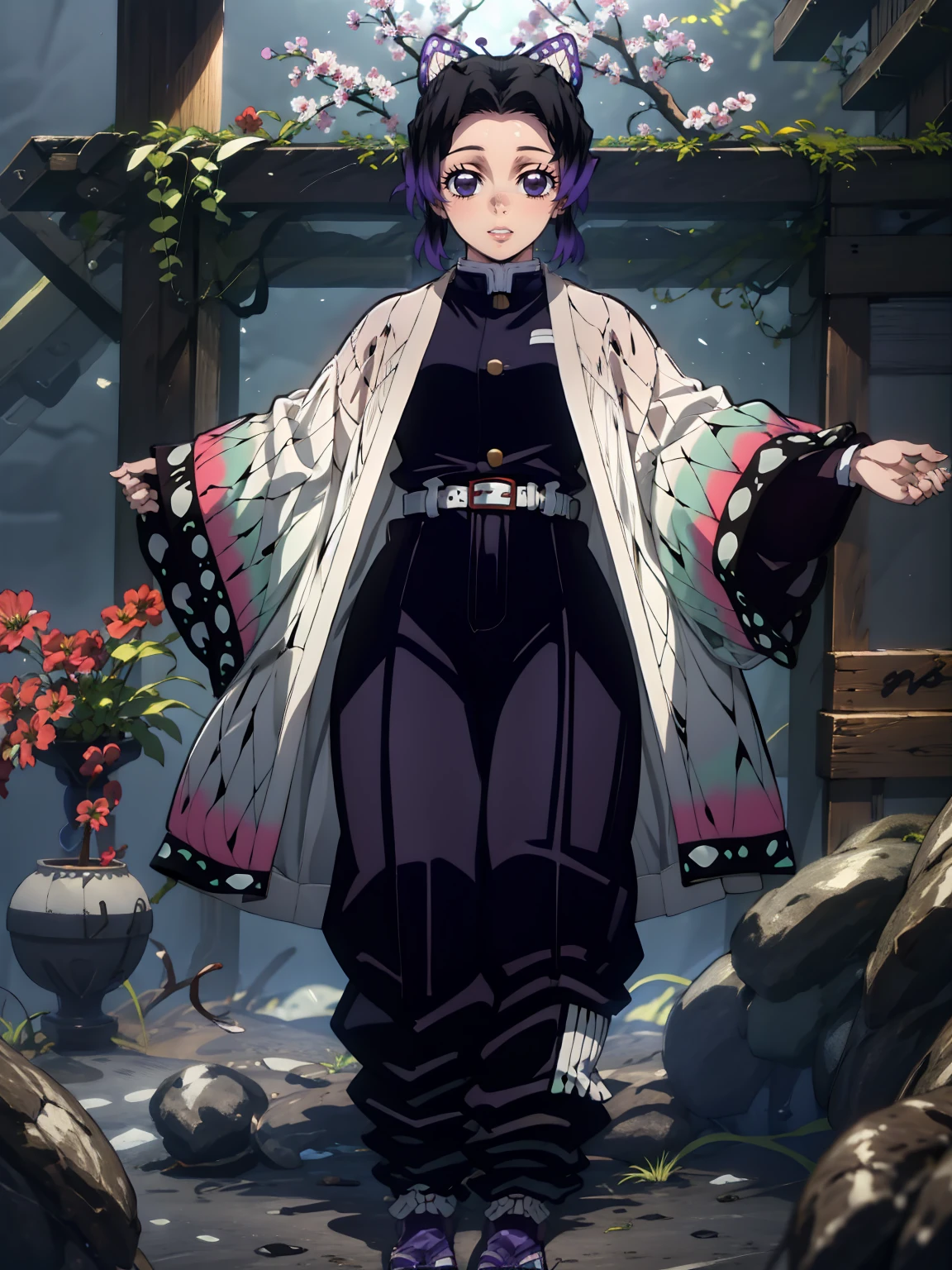 Kochou shinobu, 4k, absurd, high resolution, very high resolution, high definition, masterpiece, Short hair, purple hair, Hair Adorno, Butterfly hair ornament, Purple eyes, Slayer Demon Uniform, Black Jacket, Pants, White belt, Separate bangs, wide sleeves, Butterfly hair ornament, Black Pants, upper body, looking_at_viewer, :d