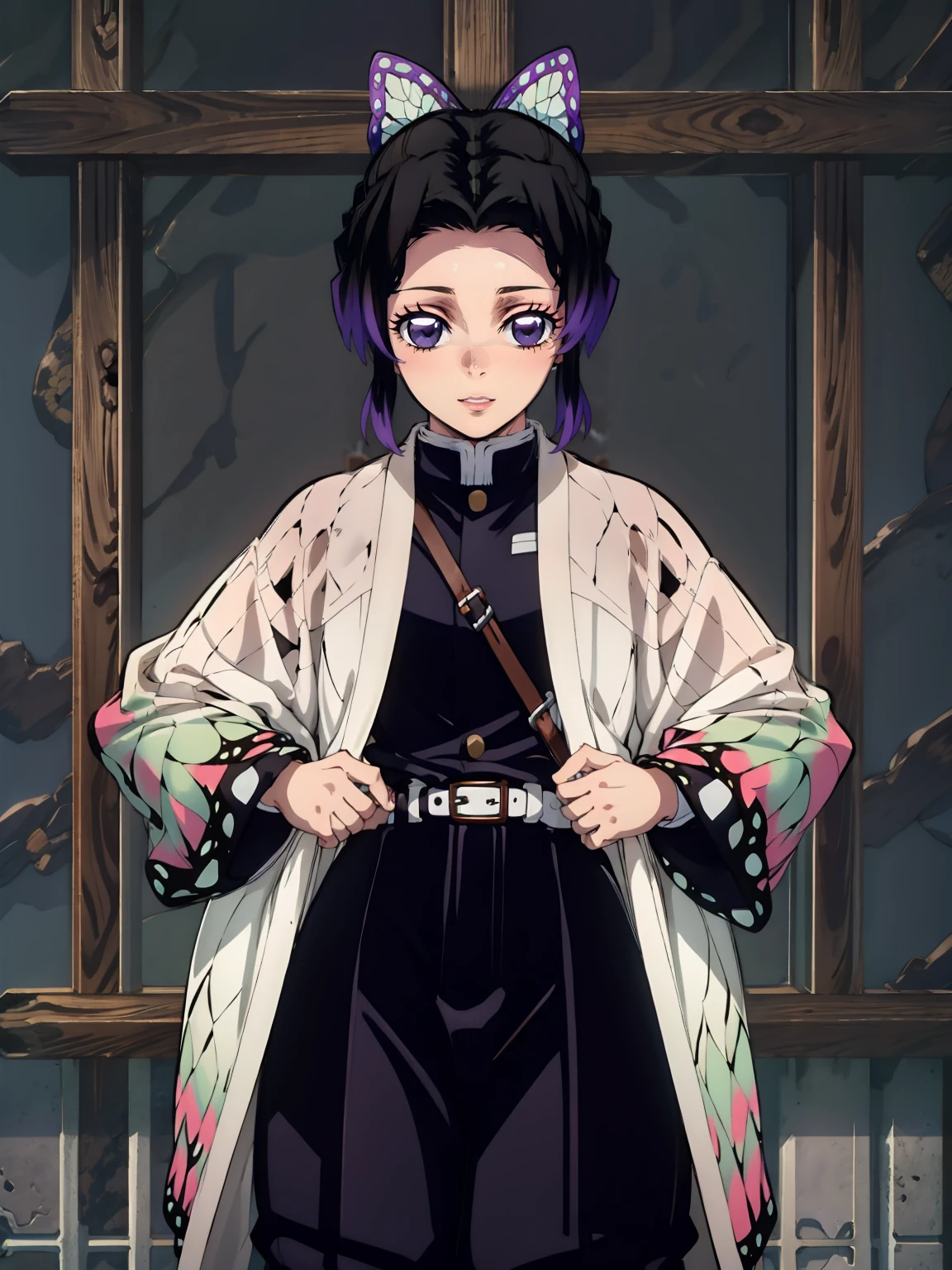 Kochou shinobu, 4k, absurd, high resolution, very high resolution, high definition, masterpiece, Short hair, purple hair, Hair Adorno, Butterfly hair ornament, Purple eyes, Slayer Demon Uniform, Black Jacket, Pants, White belt, Separate bangs, wide sleeves, Butterfly hair ornament, Black Pants, upper body, looking_at_viewer, :d