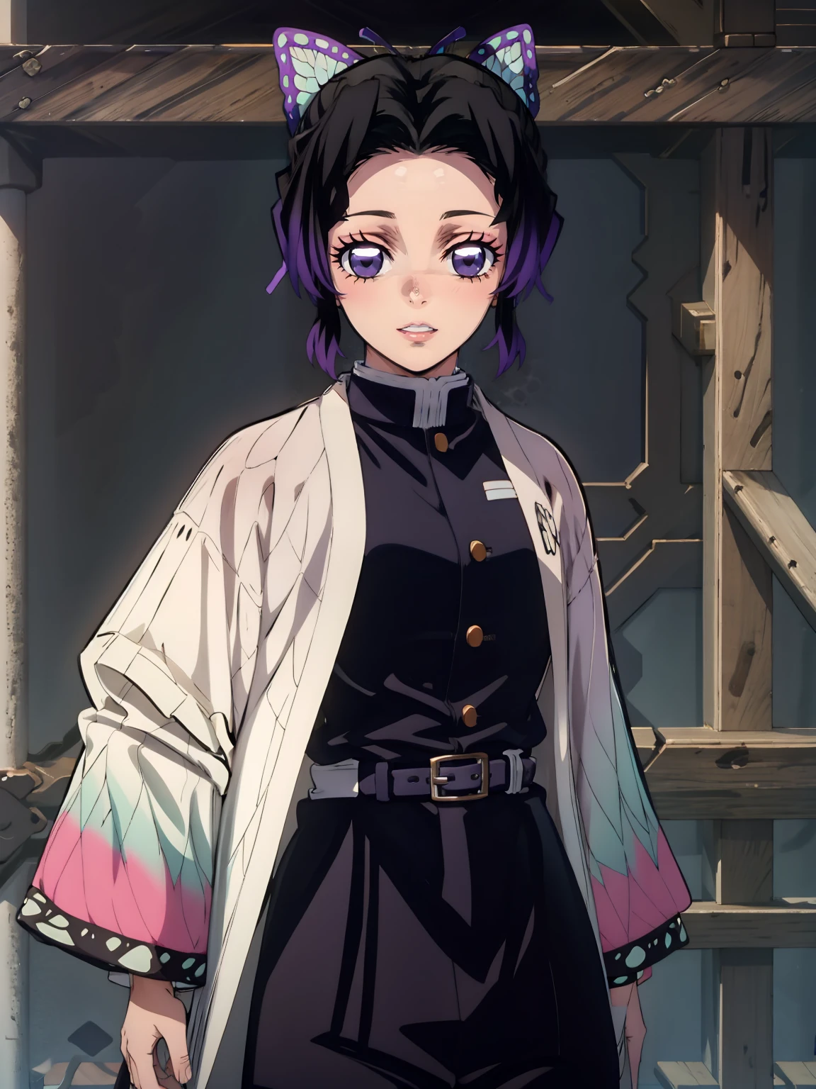 Kochou shinobu, 4k, absurd, high resolution, very high resolution, high definition, masterpiece, Short hair, purple hair, Hair Adorno, Butterfly hair ornament, Purple eyes, Slayer Demon Uniform, Black Jacket, Pants, White belt, Separate bangs, wide sleeves, Butterfly hair ornament, Black Pants, upper body, looking_at_viewer, :d