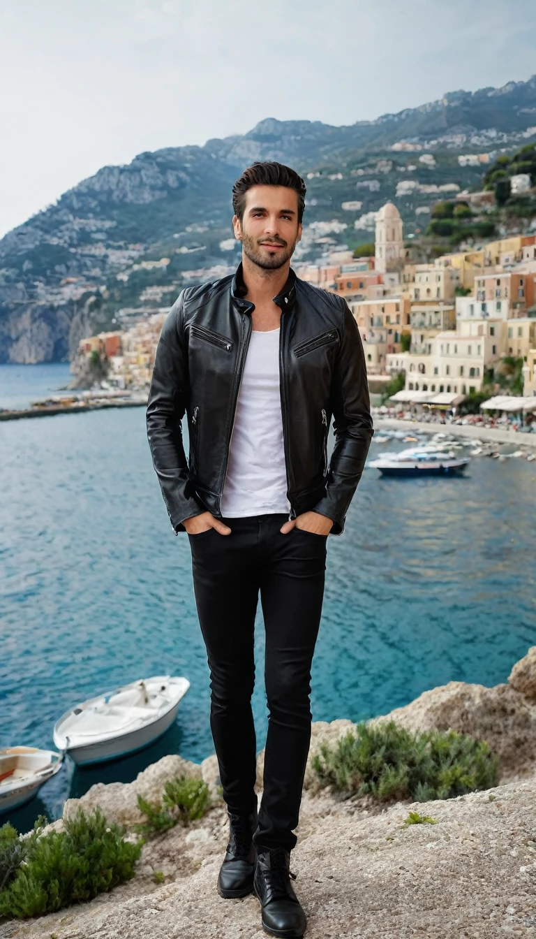 A 35 years old man, with a black pants,white social shirt, italian background, hands on the pocket, a black leather jacket with a zippered collar and a zippered collar, leather jackets, black leather garment, black leather slim clothes, leather jacket, black leather jacket, wearing a leather jacket, leather, wearing leather jacket, wearing a black leather jacket, leathery, very aesthetic leather jacket, wearing leather ,clothing photography ,amazing italian background, 4k, realistic ,boats are docked in the water near a town on a hill, italian mediterranean city, mediterranean island scenery, italy, southern european scenery, gulf of naples, beautiful italian beach scene, mediterranean city, capri coast, fantasy italy, naples, mediterranean, beautiful place, mediterranean vista, beauitful, incredibly beautiful, unknown, beautiful high resolution, happy italian beach scene, imposing