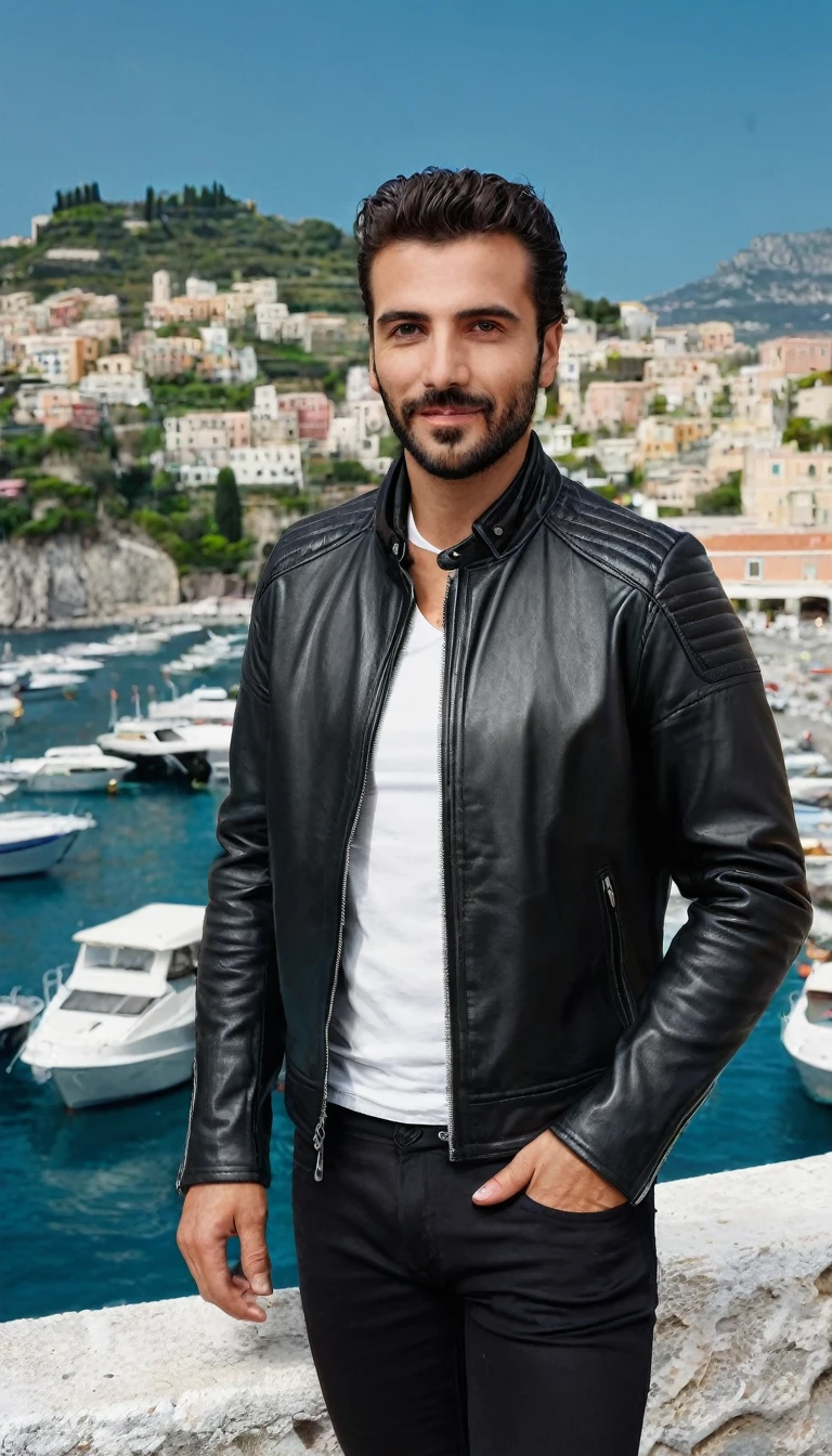 A 35 years old man, with a black pants,white social shirt, italian background, hands on the pocket, a black leather jacket with a zippered collar and a zippered collar, leather jackets, black leather garment, black leather slim clothes, leather jacket, black leather jacket, wearing a leather jacket, leather, wearing leather jacket, wearing a black leather jacket, leathery, very aesthetic leather jacket, wearing leather ,clothing photography ,amazing italian background, 4k, realistic ,boats are docked in the water near a town on a hill, italian mediterranean city, mediterranean island scenery, italy, southern european scenery, gulf of naples, beautiful italian beach scene, mediterranean city, capri coast, fantasy italy, naples, mediterranean, beautiful place, mediterranean vista, beauitful, incredibly beautiful, unknown, beautiful high resolution, happy italian beach scene, imposing